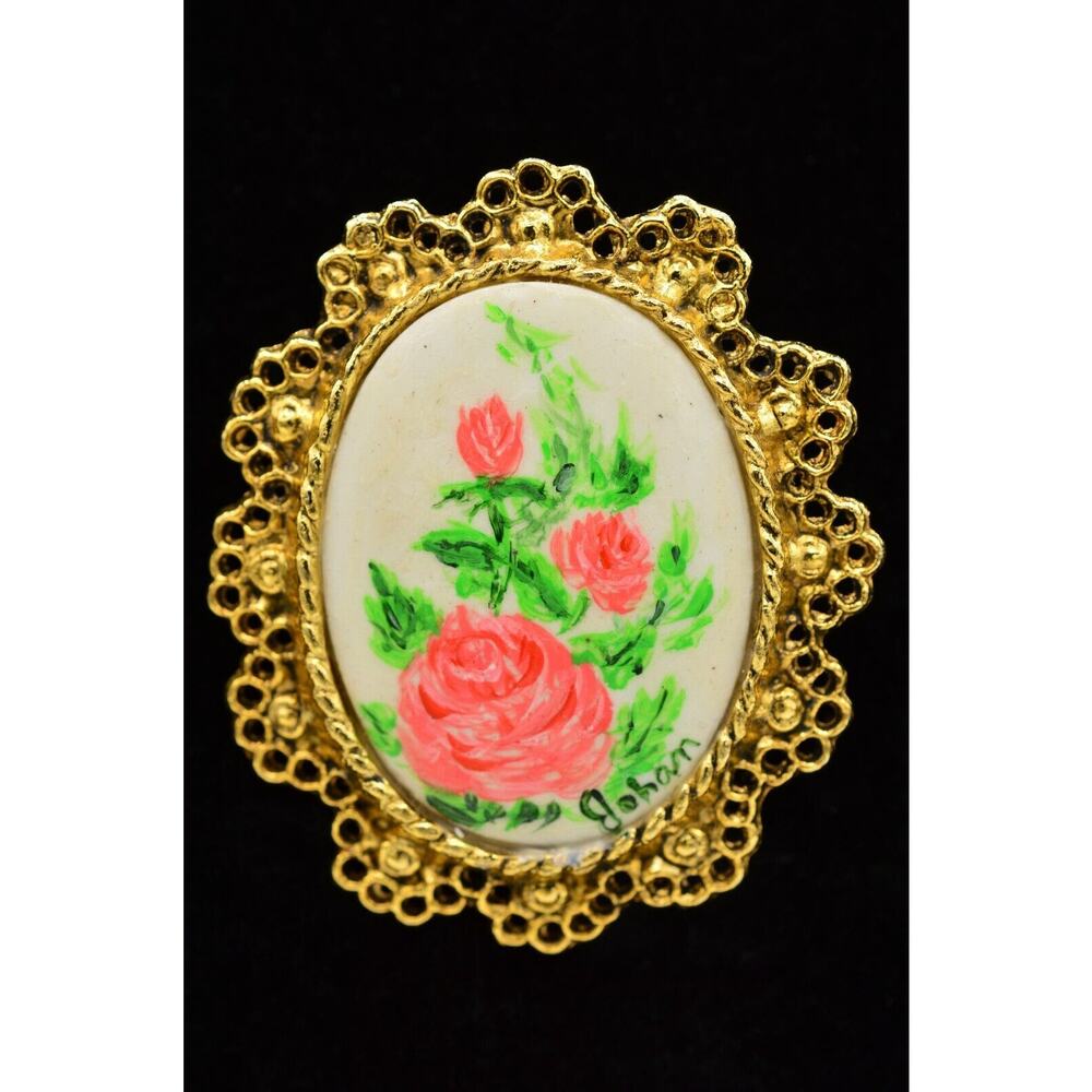 Artist Johan Painted Vintage Statement Pin Brooch Floral Roses Gold Cameo BinF